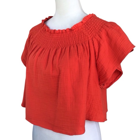 Apiece Apart Boho Red Cotton Cropped Off The Shoulder Ruffle Sleeve Blou… - Picture 6 of 9